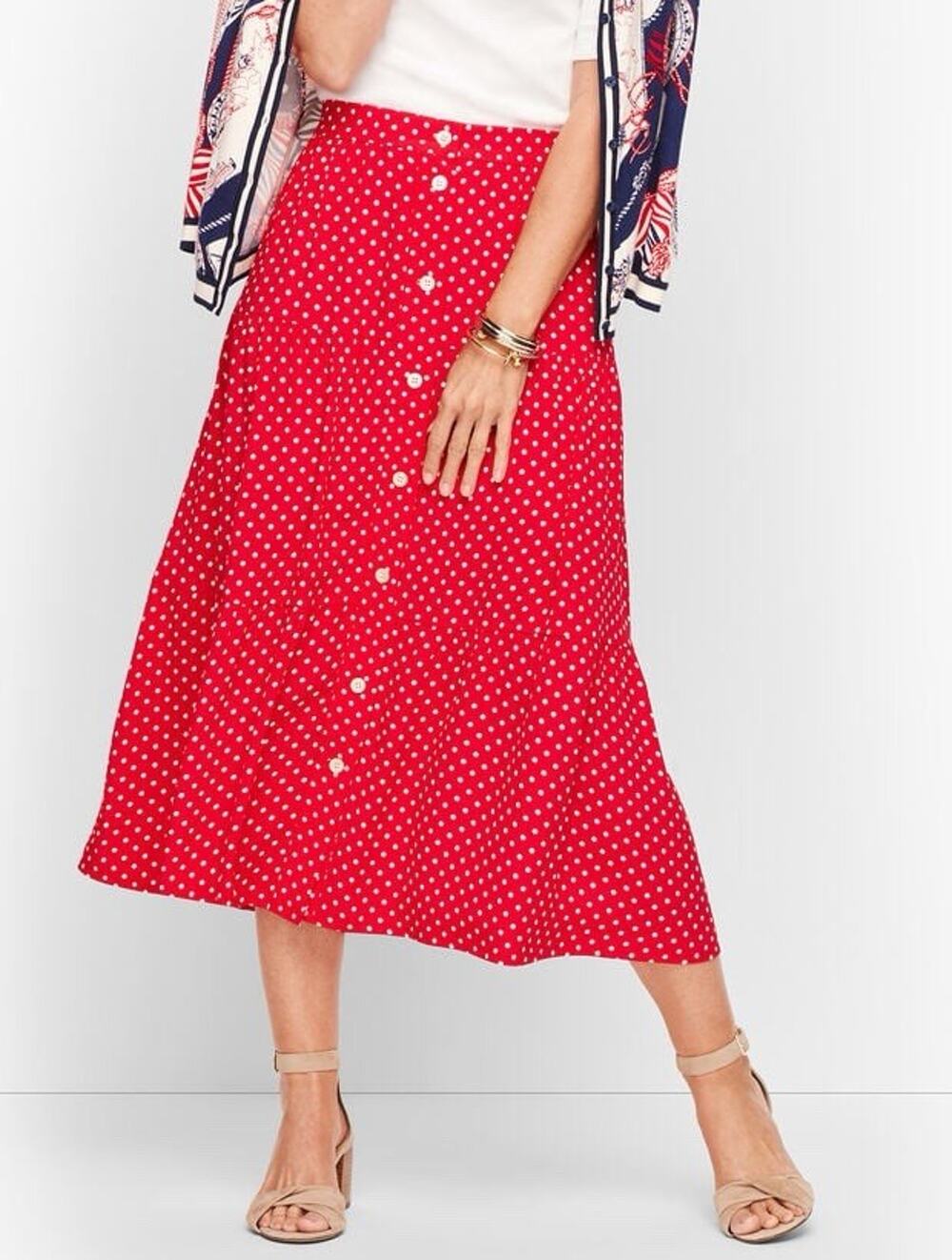 Talbots NWT Tiered Button Front Polka Dot Midi Skirt Red White M Cottagecore